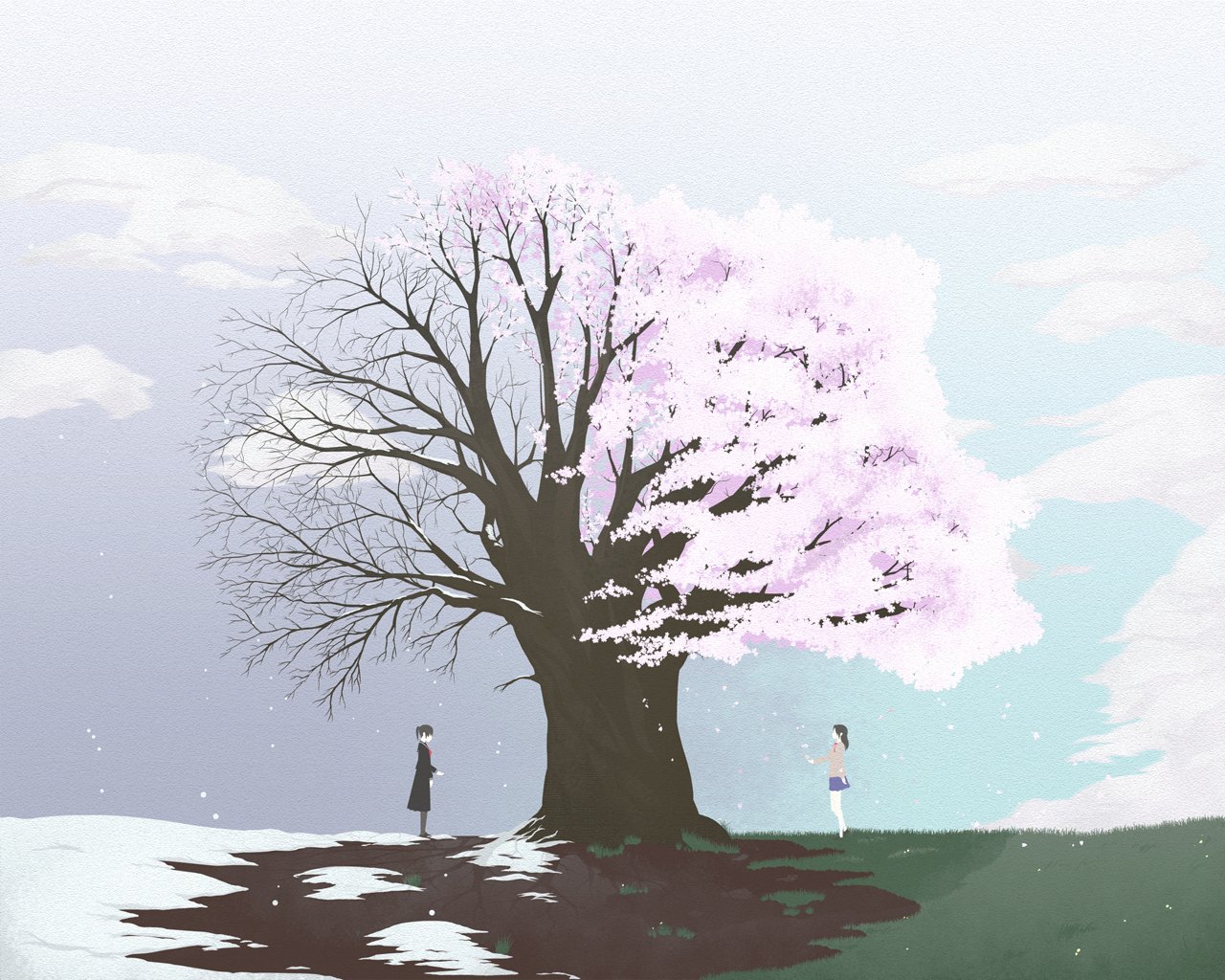 Деревья в снегу аниме