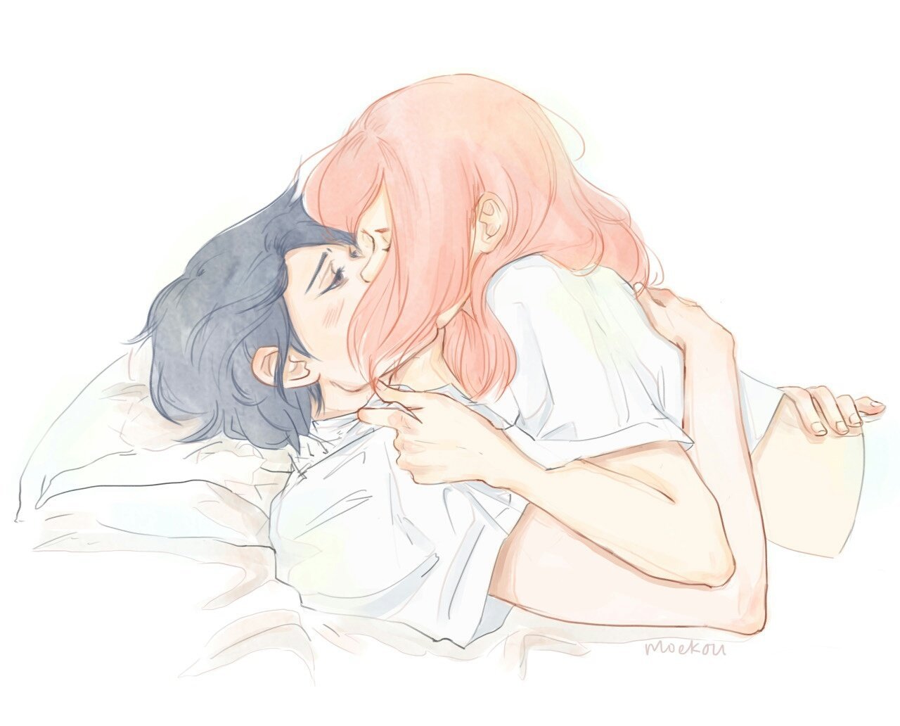 Аниме обнимаются в кровати