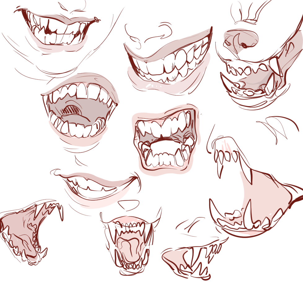 Рисунки улыбающихся тварей. Референс зубы с клыками.