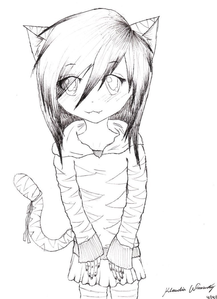 Кошка девочка рисунок для срисовки