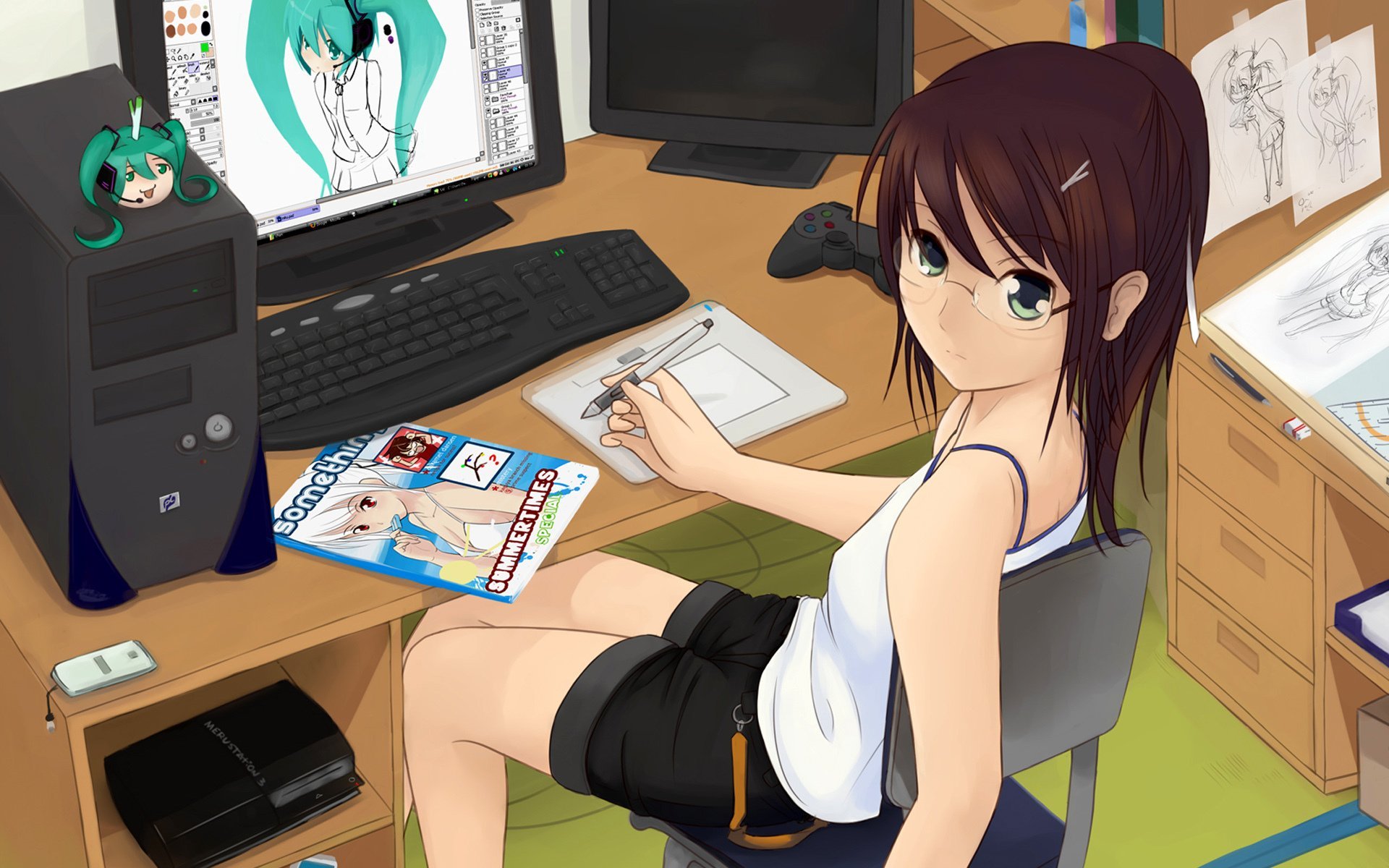 Аниме девушка сидит за компьютером