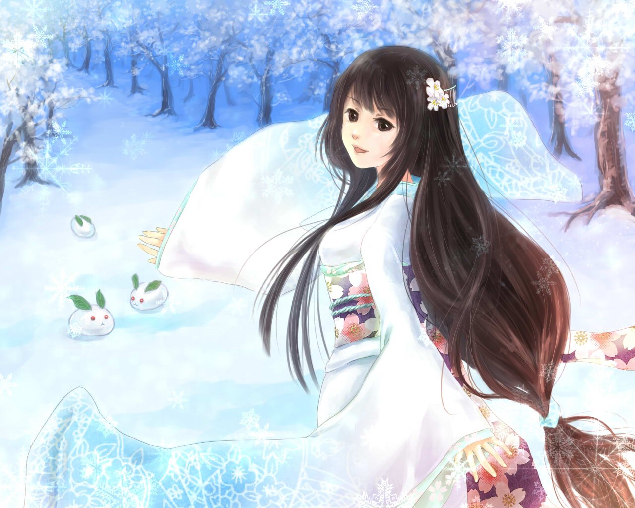 Зимние девушки аниме кимоно