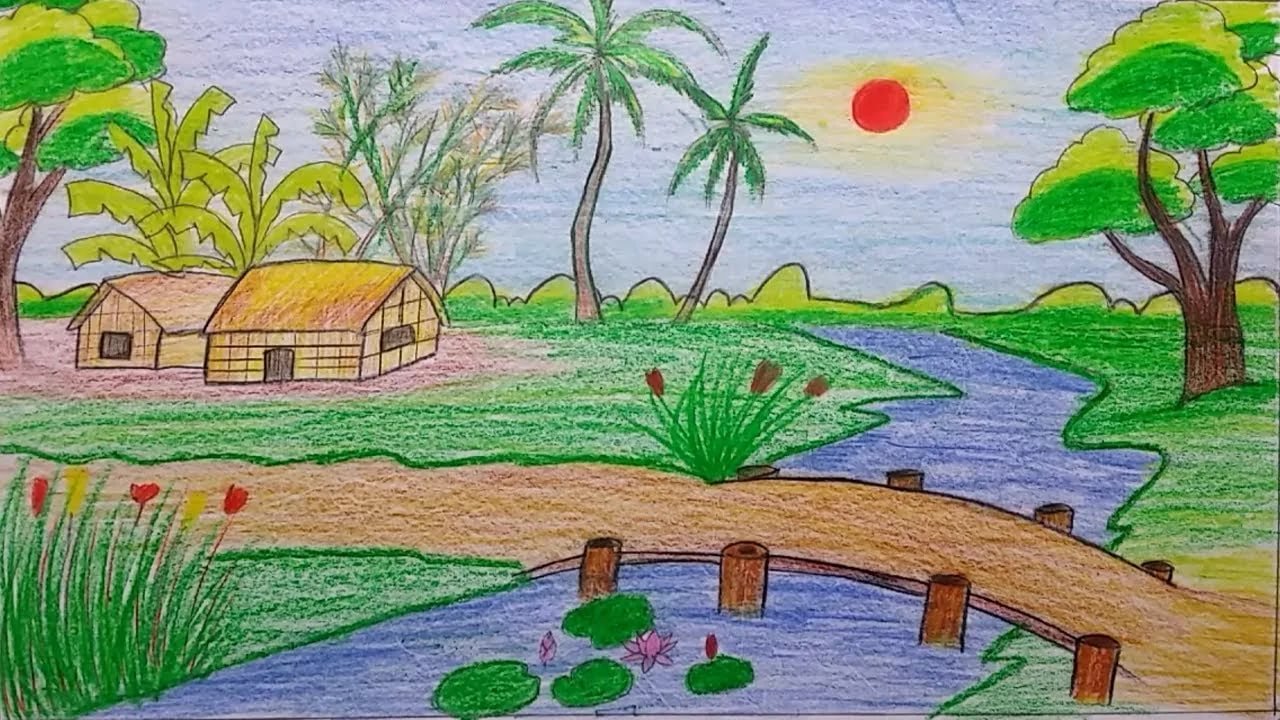 Лето пейзаж рисунок детский