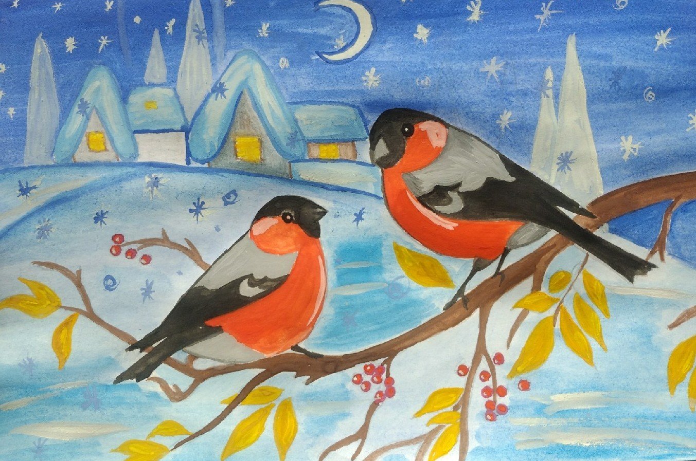 Детские рисунки зимующих птиц
