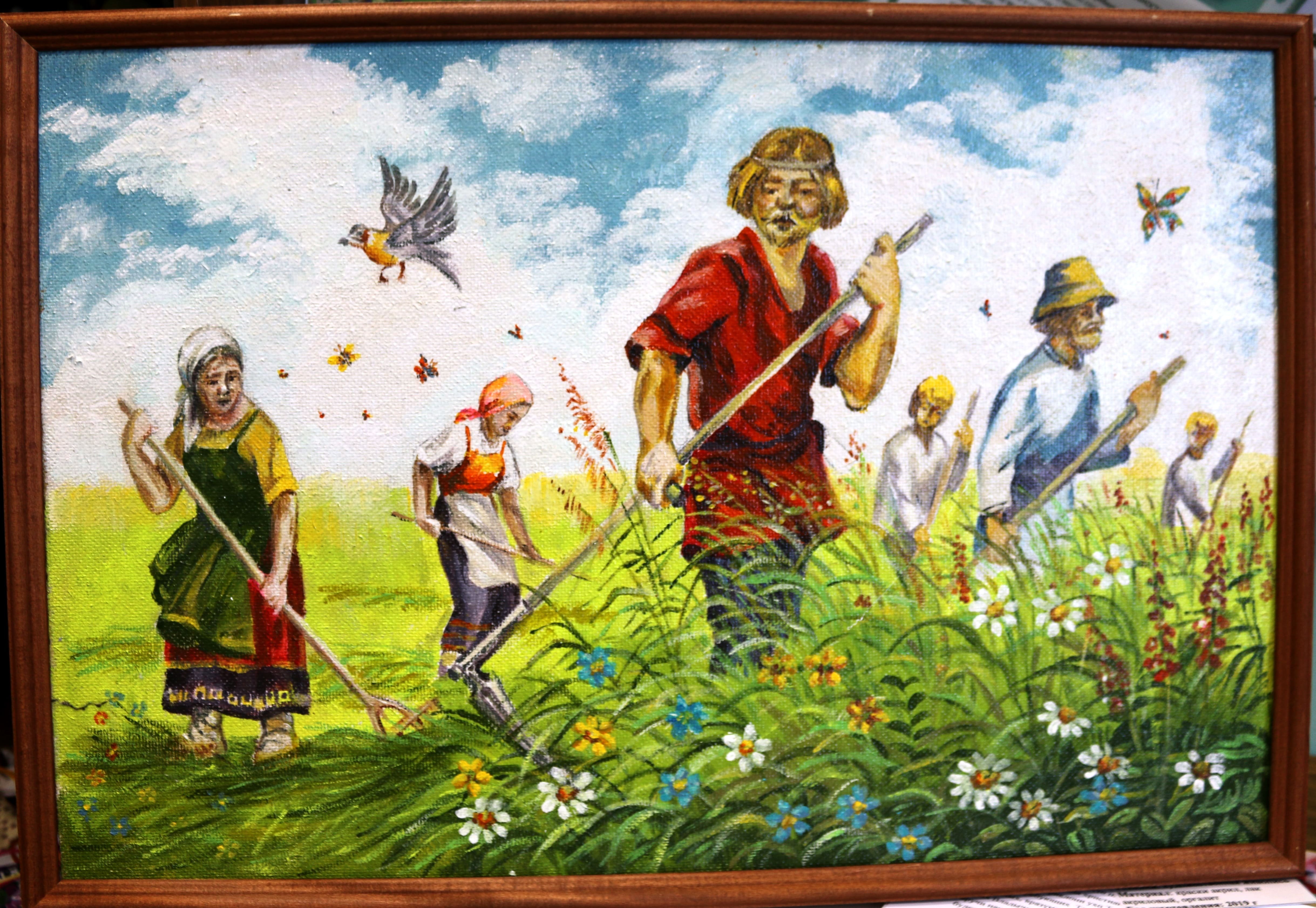 Включи косарь. Картина Бунина Косцы. Сенокос Комарова. Сенокос картина для детей. Картина косят траву.