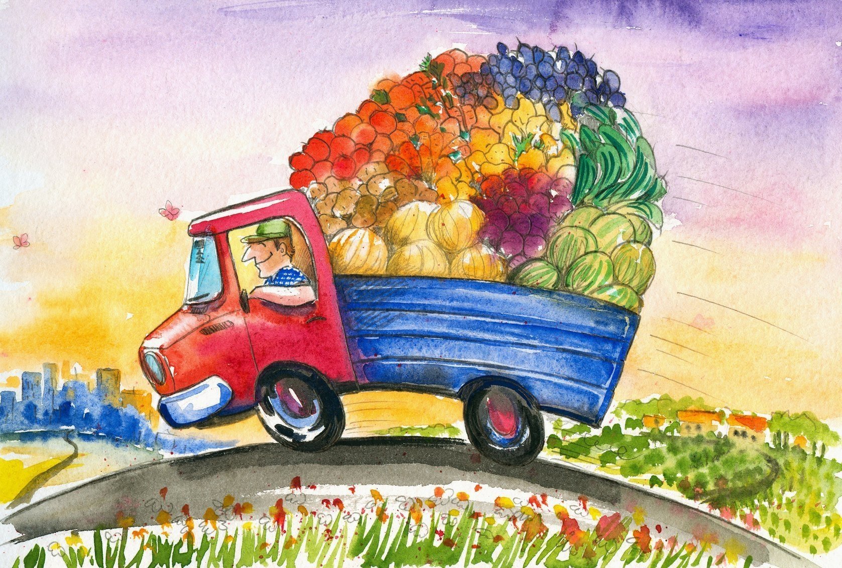 Рисование машины везут урожай овощей