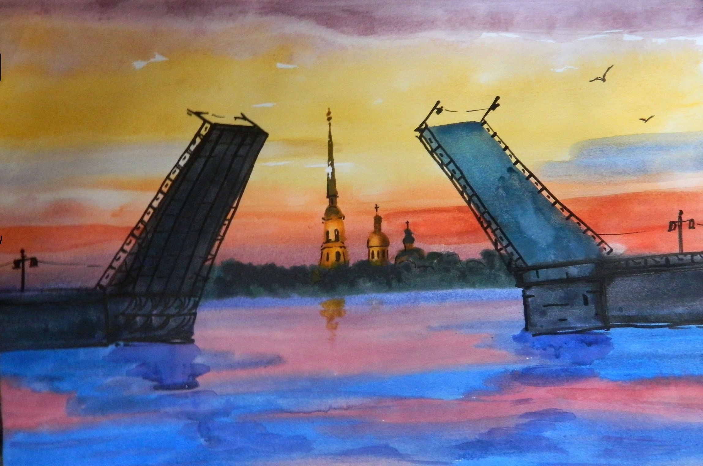 Санкт-Петербург акварель Дворцовый мост