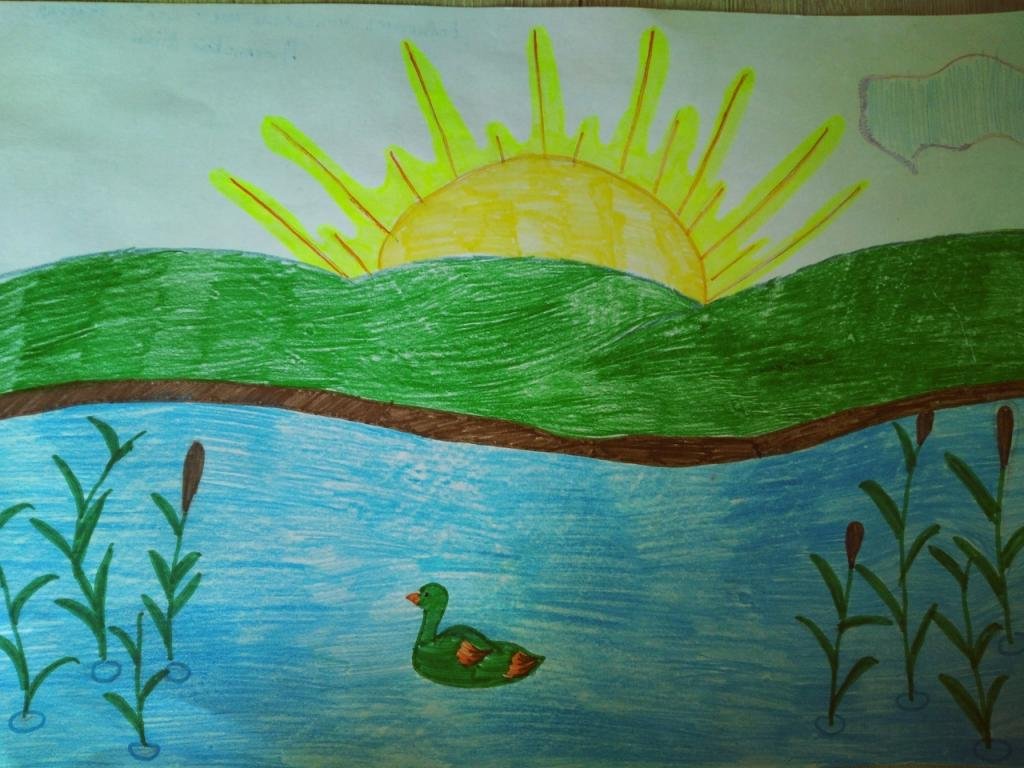 Детские рисунки озера. Озеро рисунок. Детские рисунки утро. Детские рисунки озеро. Лето рисунок легкий.