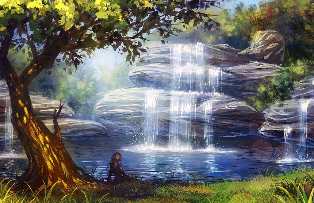 Волшебное озеро слушать. Пейзаж с водопадом в живописи. Волшебный пейзаж. Сказочное озеро. Сказочный водопад.