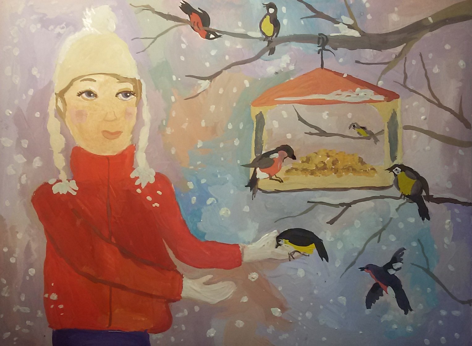 Рисунок на тему птицы зимой