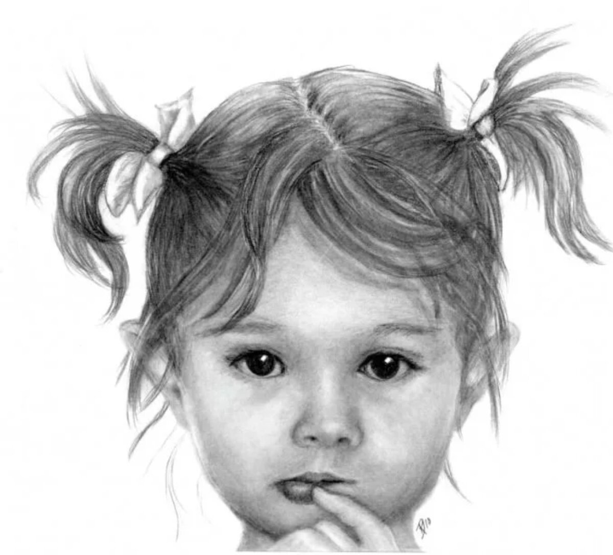 Портрет девочки с косичками карандашом