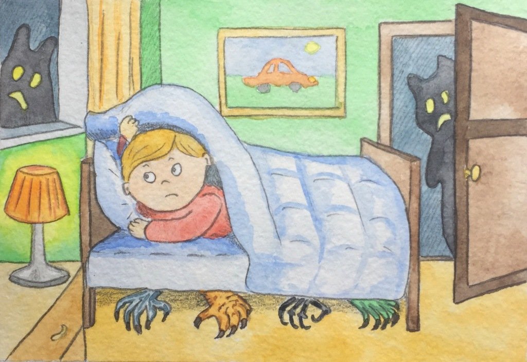 Мальчик боится спать. Изображения детских страхов. Мальчик под кроватью рисунок.