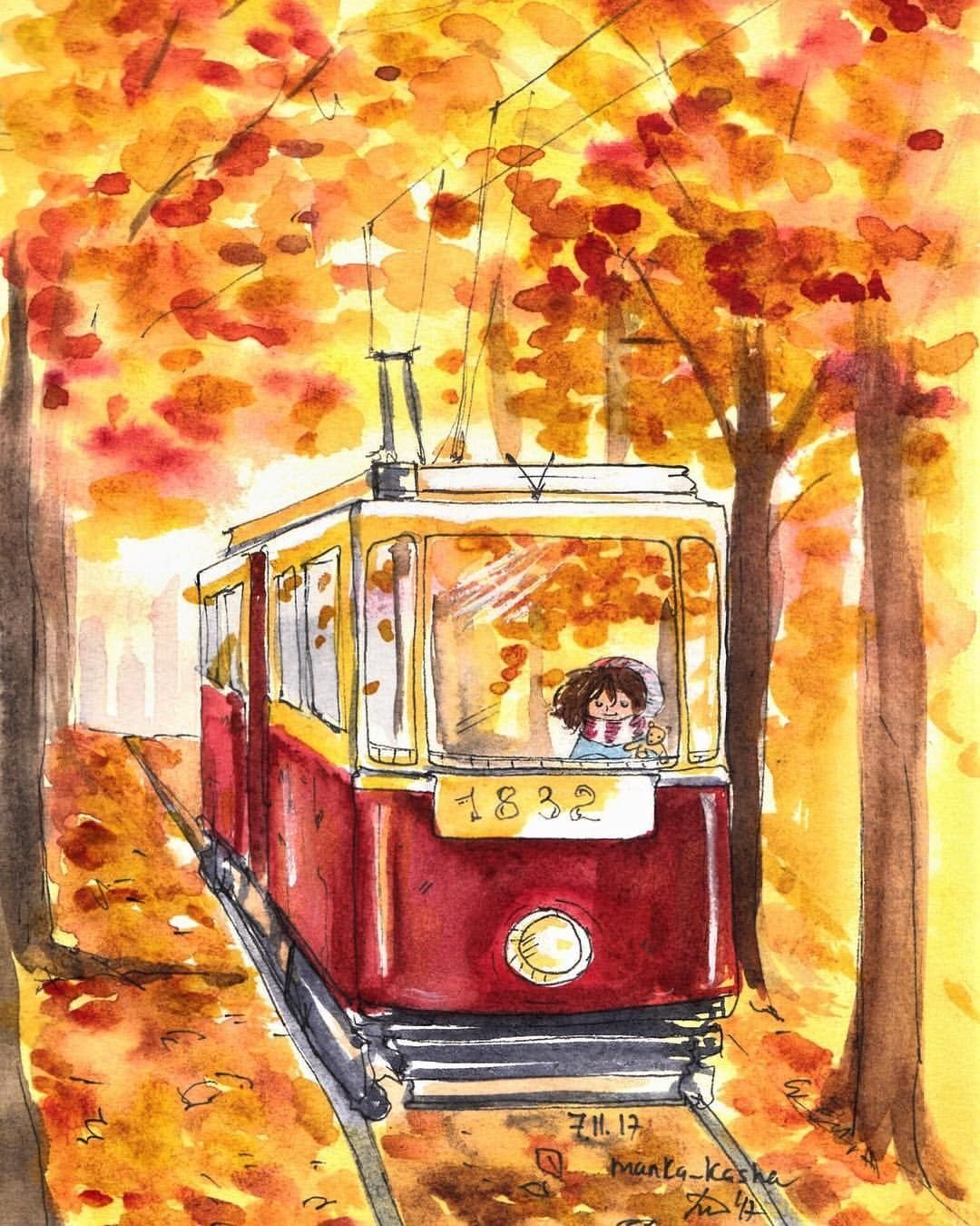 Акварель трамвай осень
