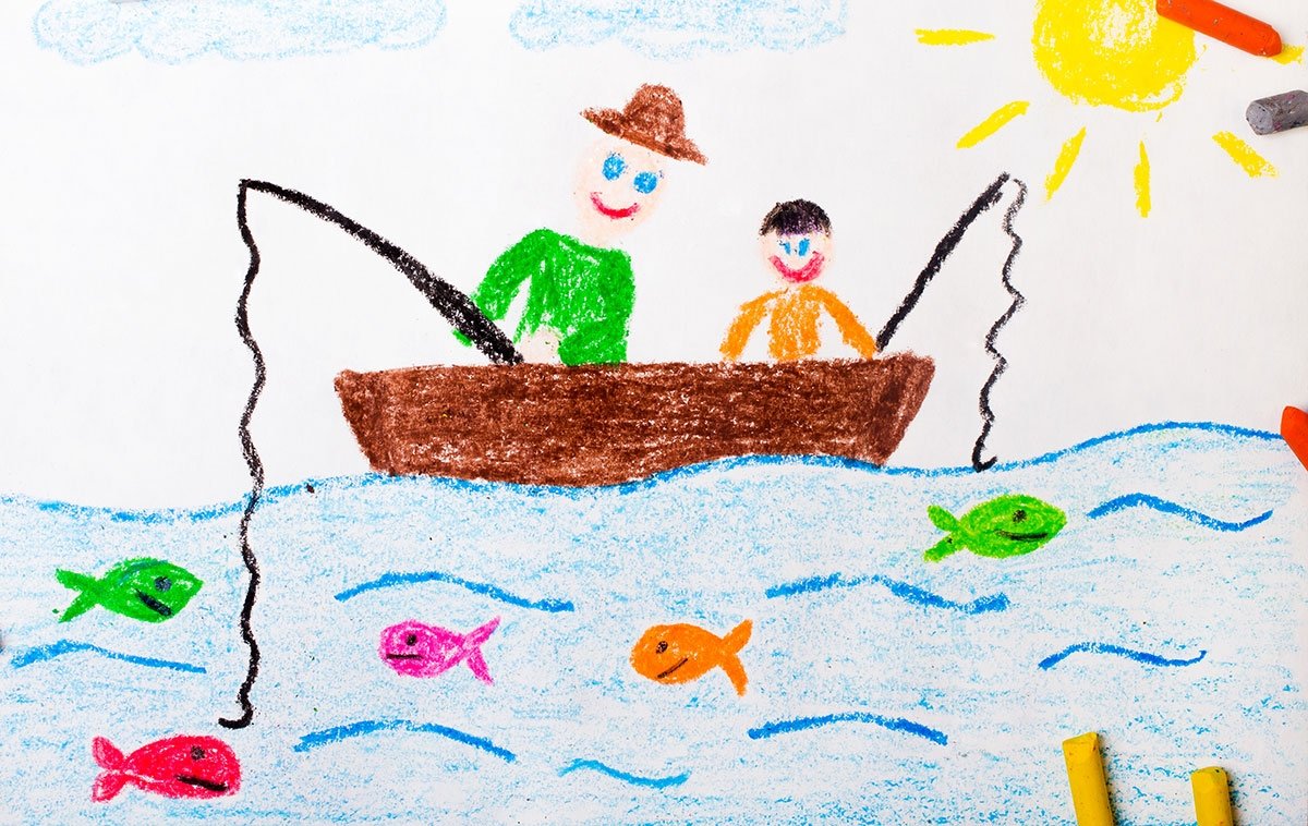 Детский рисунок я на рыбалке
