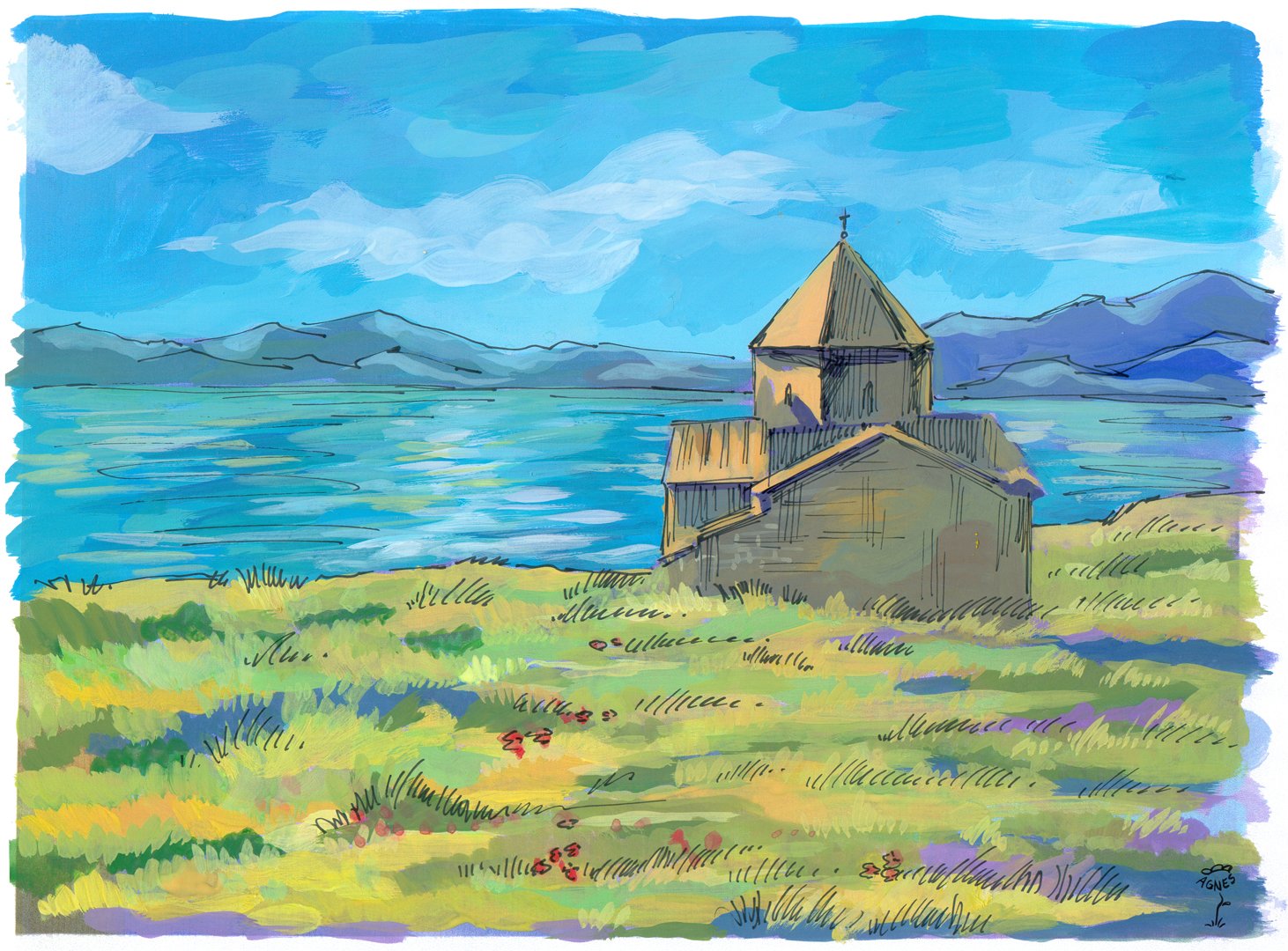 Озеро Севан в Армении рисунок