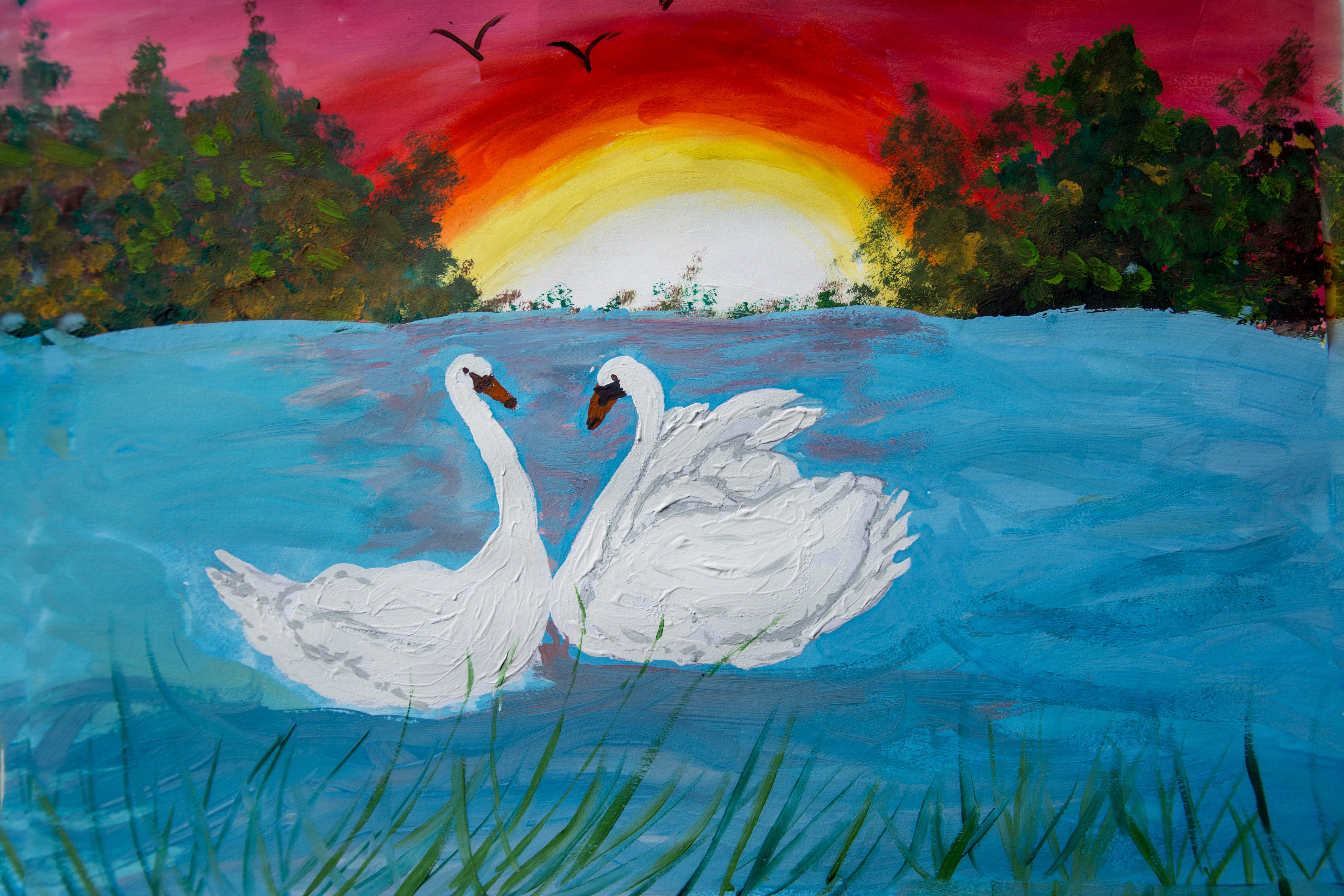 Нарисовать рисунок лебедушка. Лебединое озеро лебеди. Лебединое озеро рисунок для детей. Рисование лебедя. Лебеди гуашью.