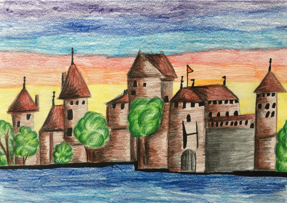 Старая крепость рисунок город. Тракайский замок Литва нарисованный. Тракайский замок Литва рисунок. Замок для рисования. Рисование замка крепости.