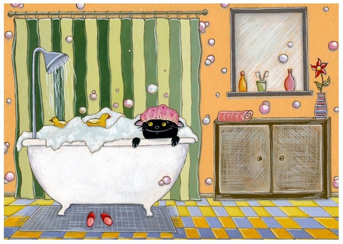 Ванная комната кот. Комната иллюстрация. Ванная иллюстрация. Ванная детская иллюстрация. Детский рисунок ванной комнаты.