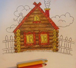 Изба цветными карандашами