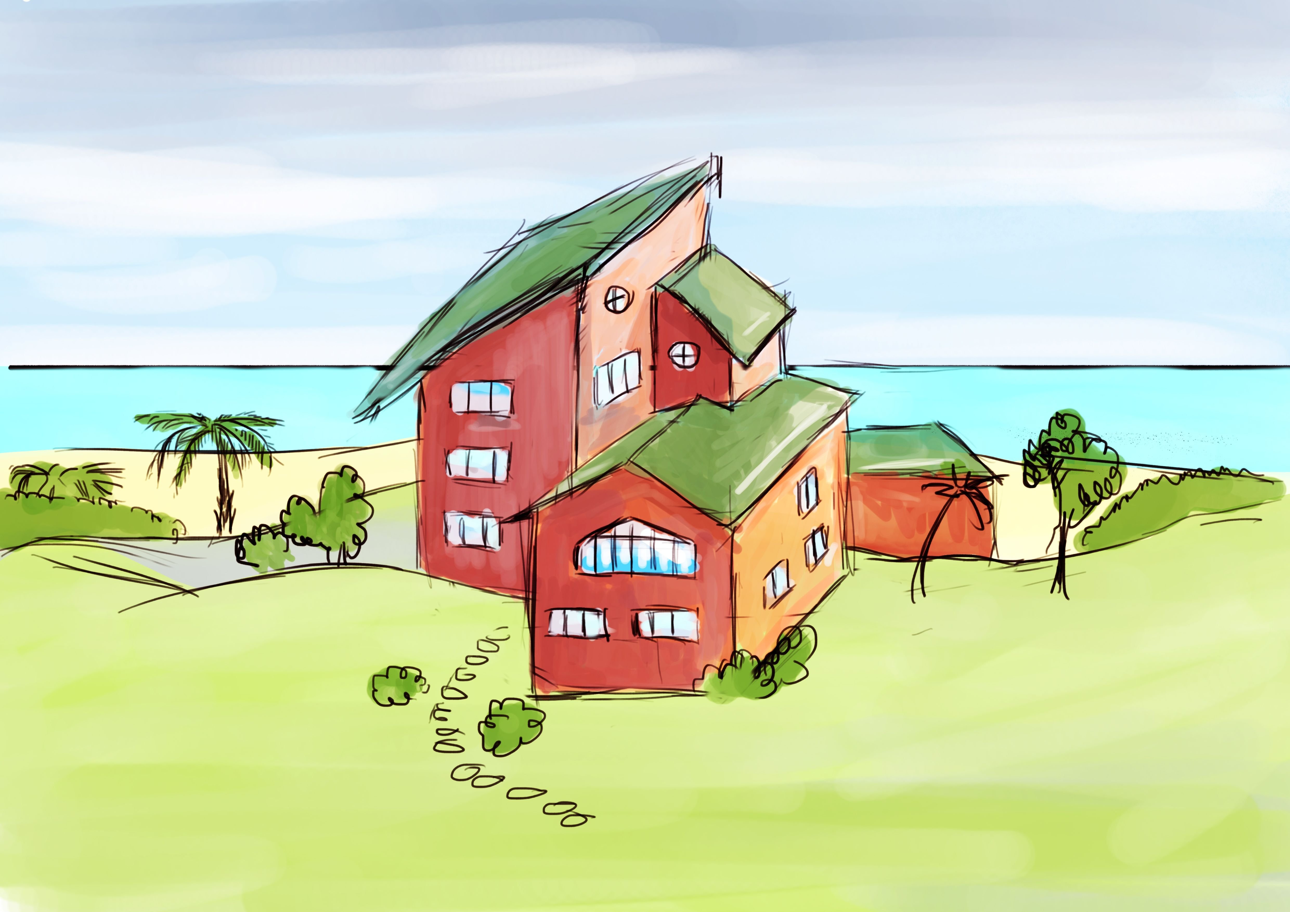 Дом на берегу моря рисунок легкий