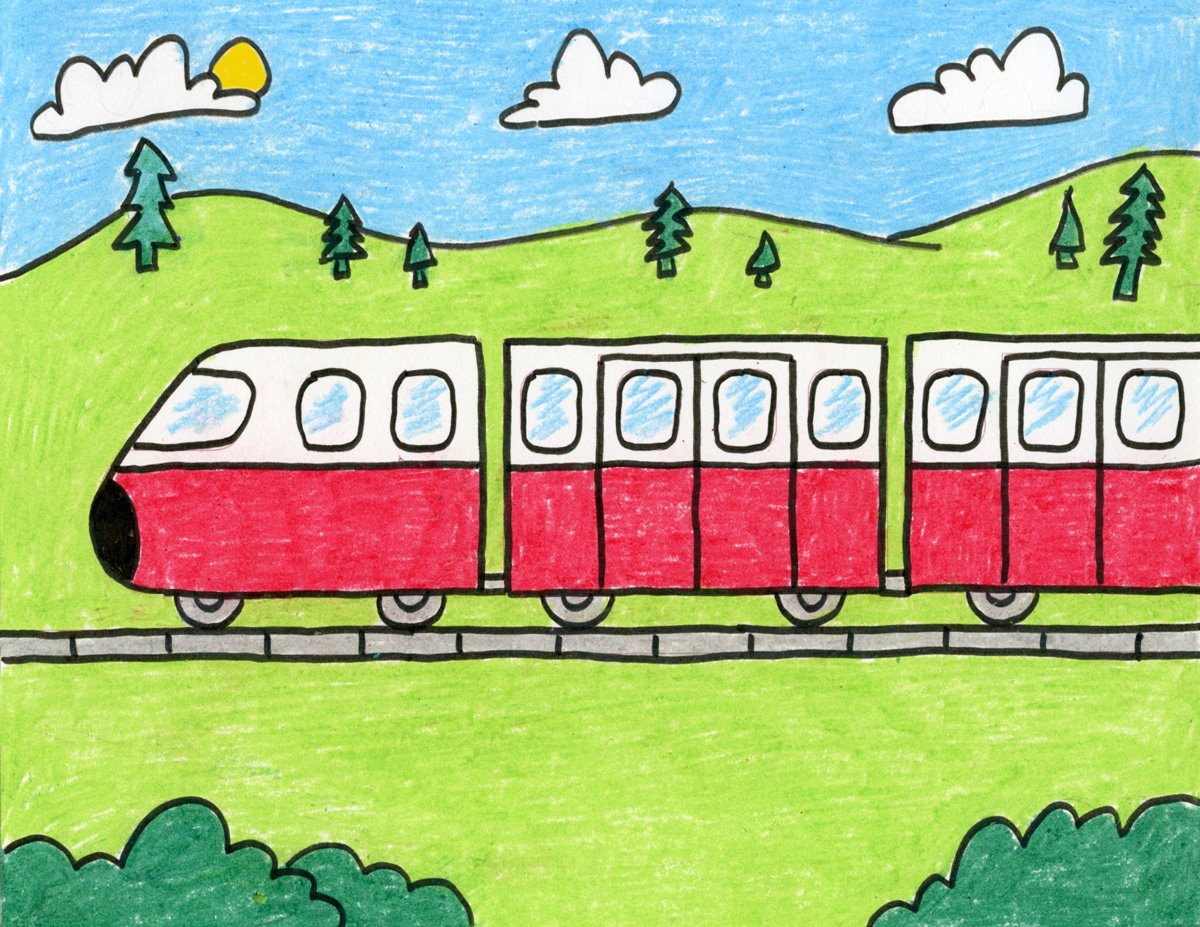 Нарисовать железную дорогу 1 класс. Поезд рисунок. Рисование с детьми поезд. Рисование поезда в подготовительной группе. Поезд детский рисунок.