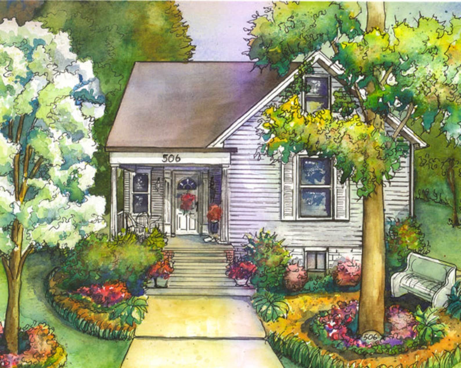 Иллюстрация садовый дом пейзаж