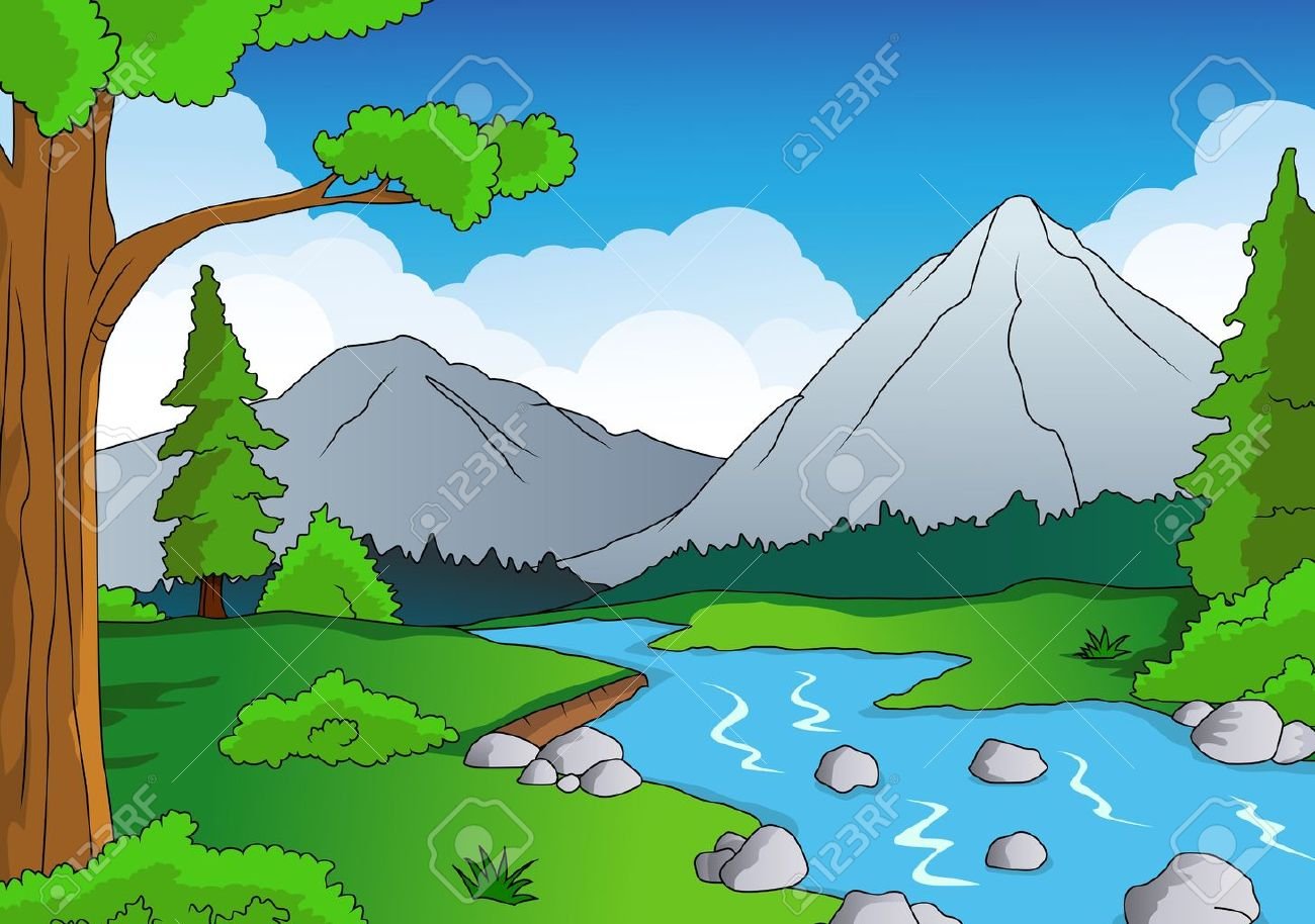 Детский рисунок речка горы