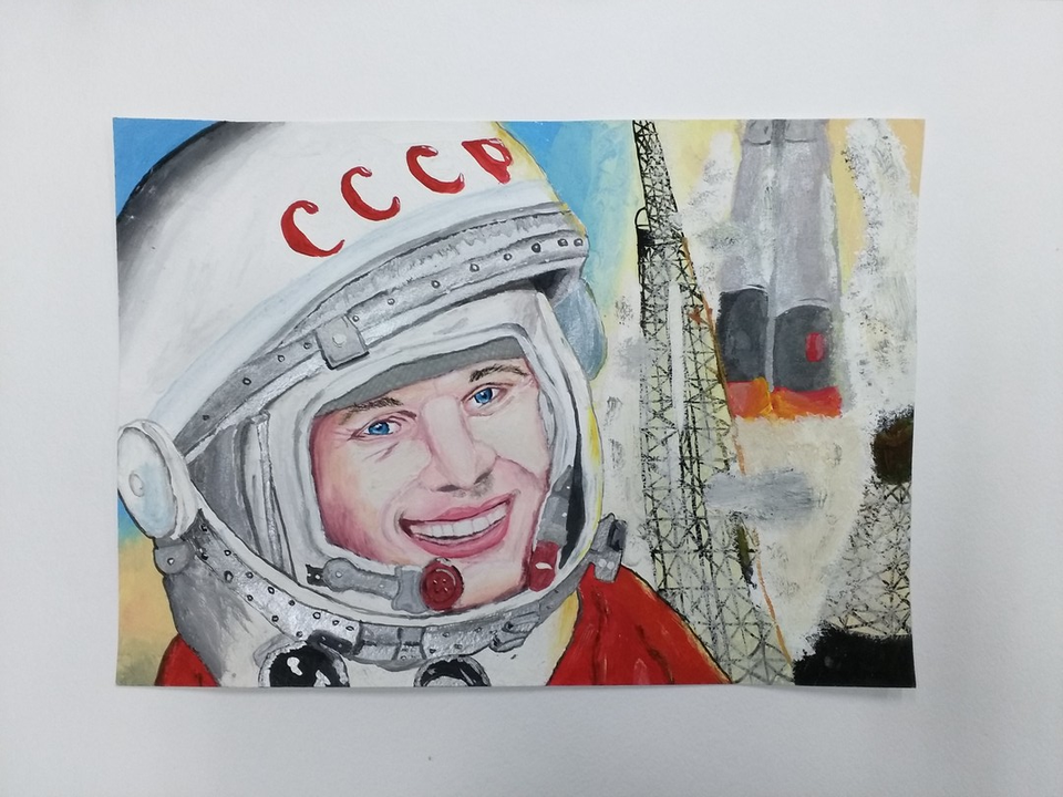 Рисунок ко дню гагарина. Портрет Юрия Гагарина карандашом.