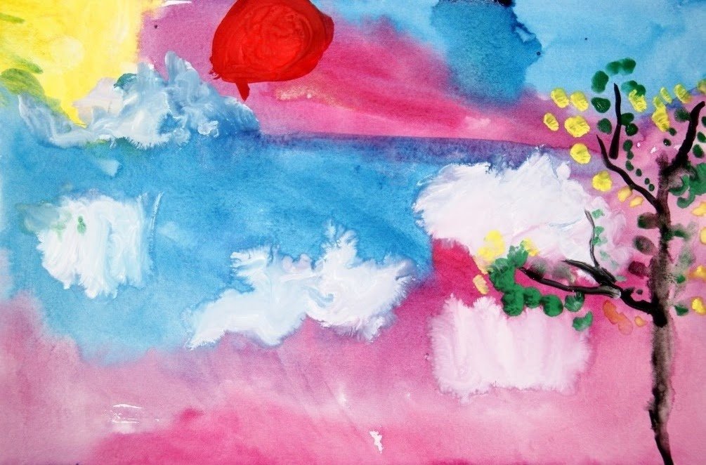 Нарисовать настроение картинки. Детский пейзаж красками. Пейзаж красками для детей. Пейзаж настроения. Детские рисунки красками пейзаж.