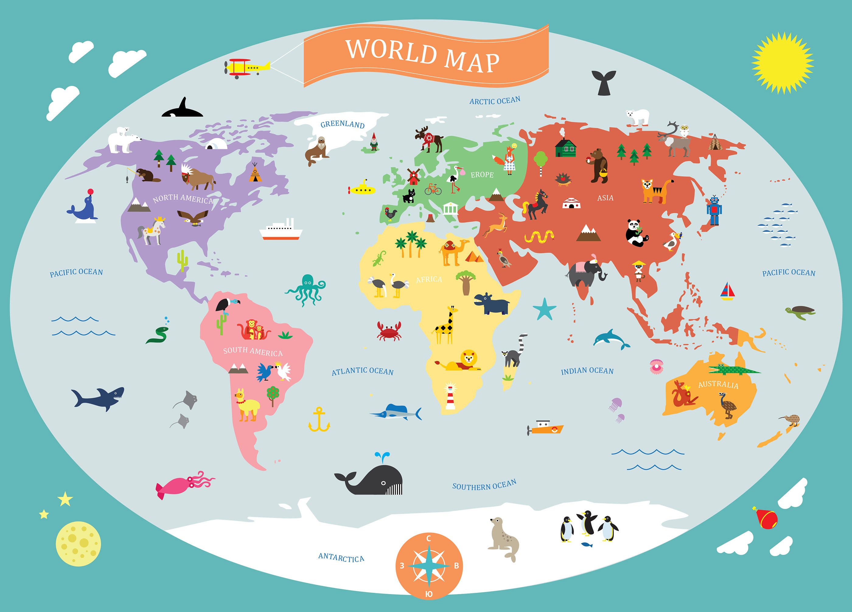 Детская карта мира для дошкольников