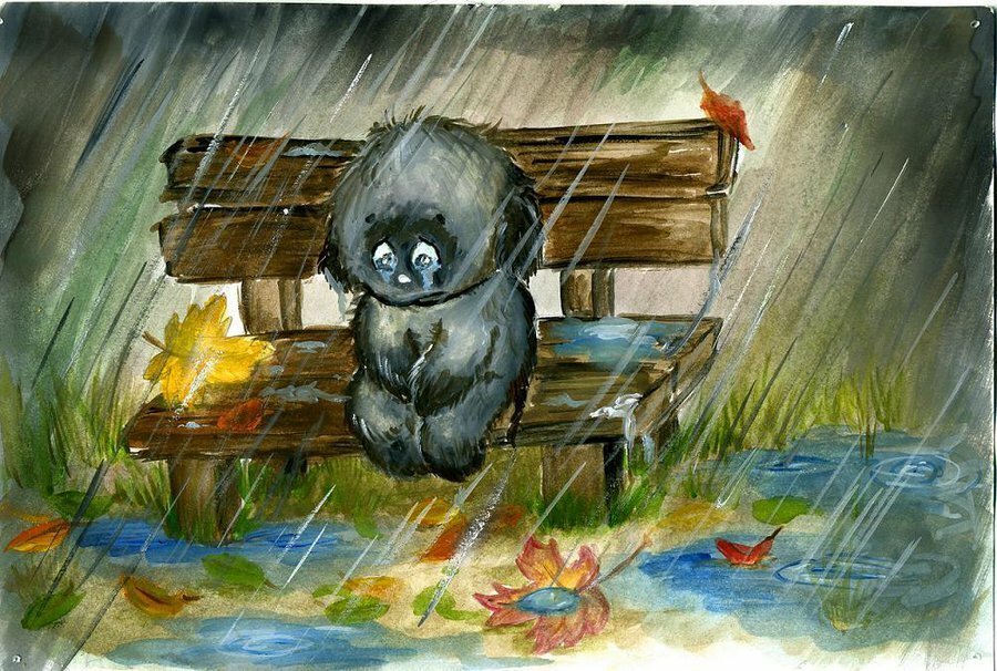 Скучаю садик. Грустный дождик. Дождь иллюстрация. Грустные картины. Грустный Медвежонок под дождем.