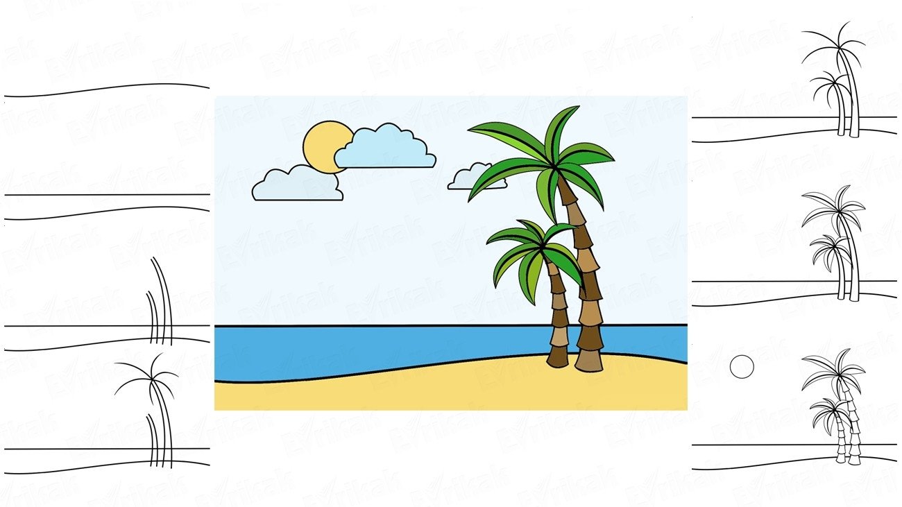 Поэтапное рисование море пальмы