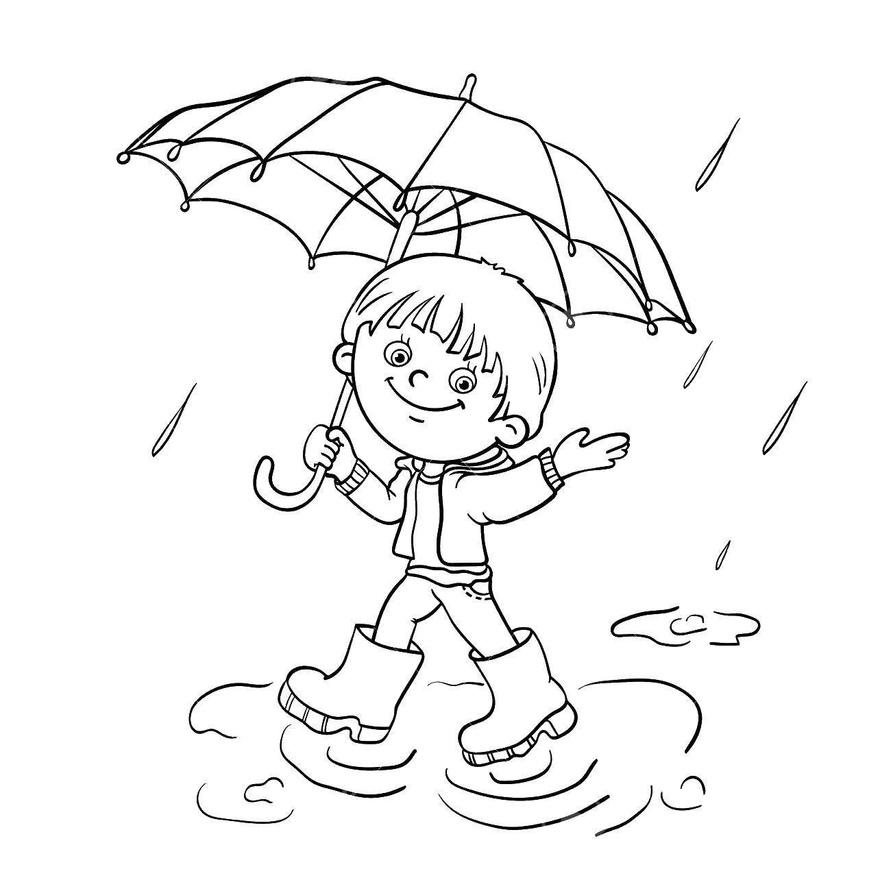 Раскраска мальчик с зонтиком под дождем