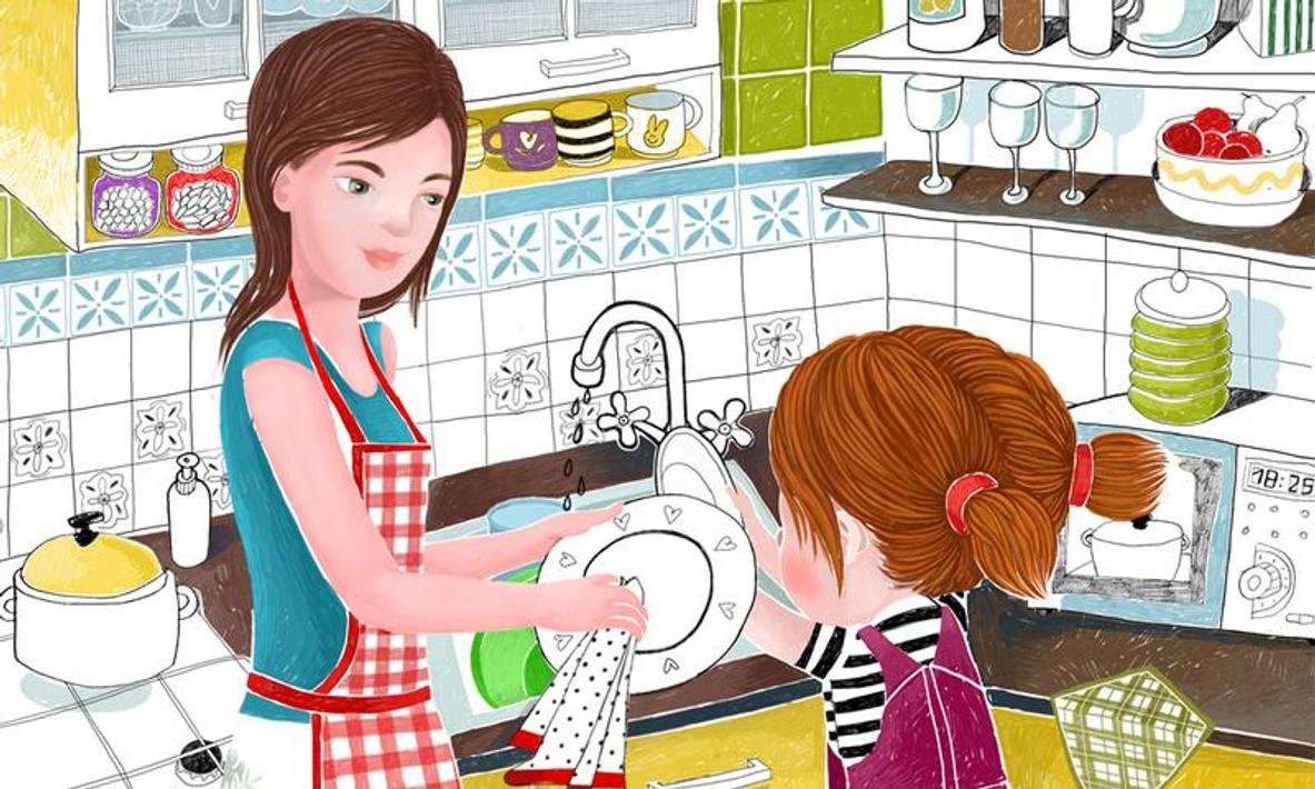 Семья моет посуду. Сюжетная картина на кухне. Картина мама моет посуду. Мытье посуды для детей. Кухня рисунок.