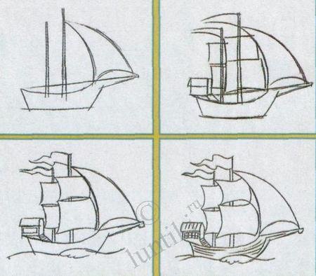 Поэтапное рисование парусника для детей