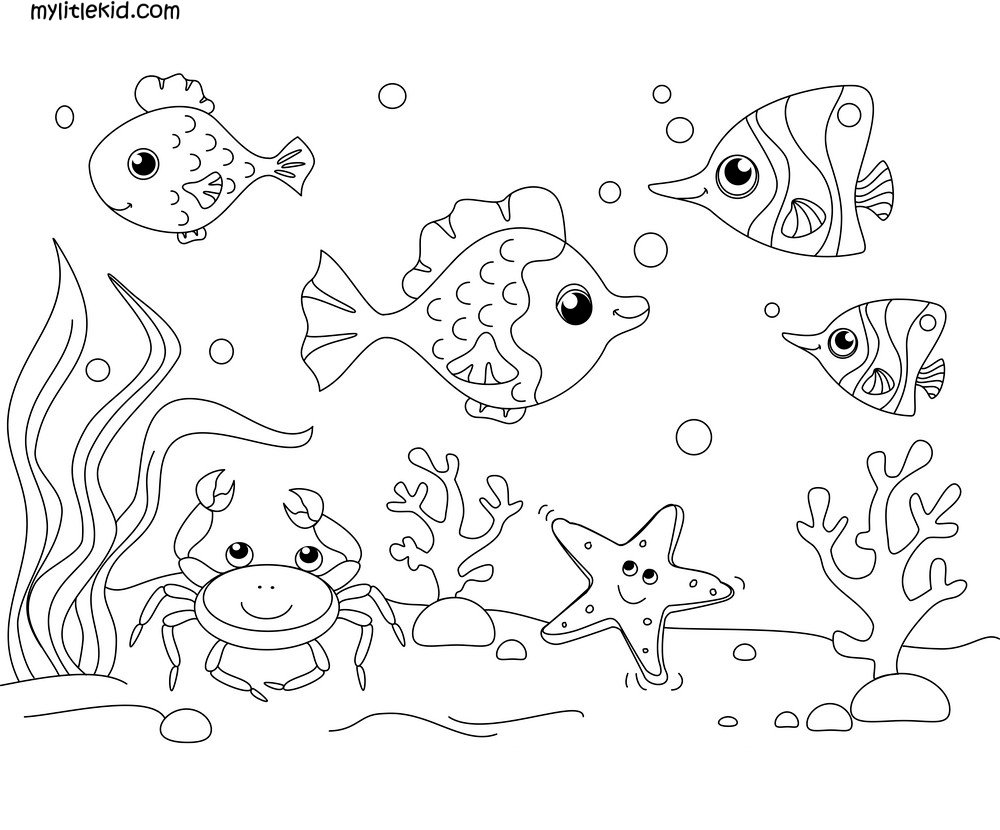 Море с рыбками рисунок для детей карандашом