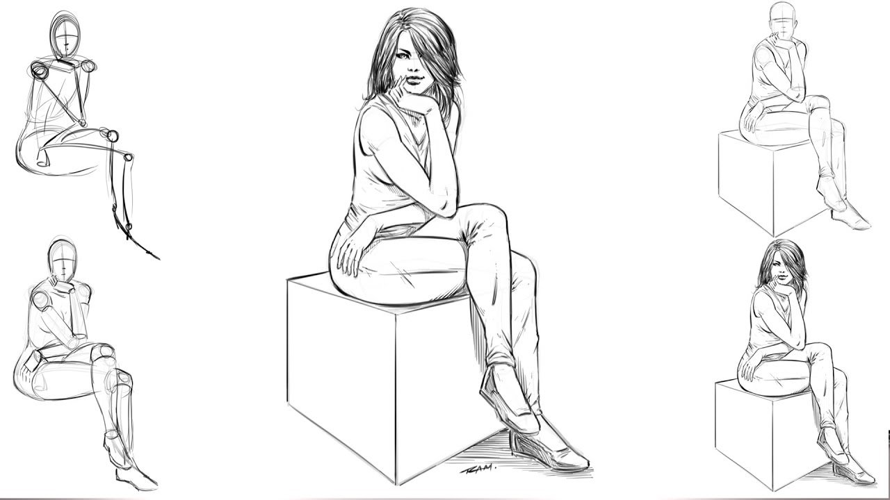 Рисунок сидящей девушки карандашом