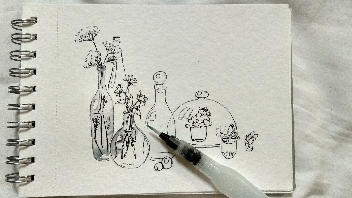 Акварель и гелевая ручка рисунки для скетчбука