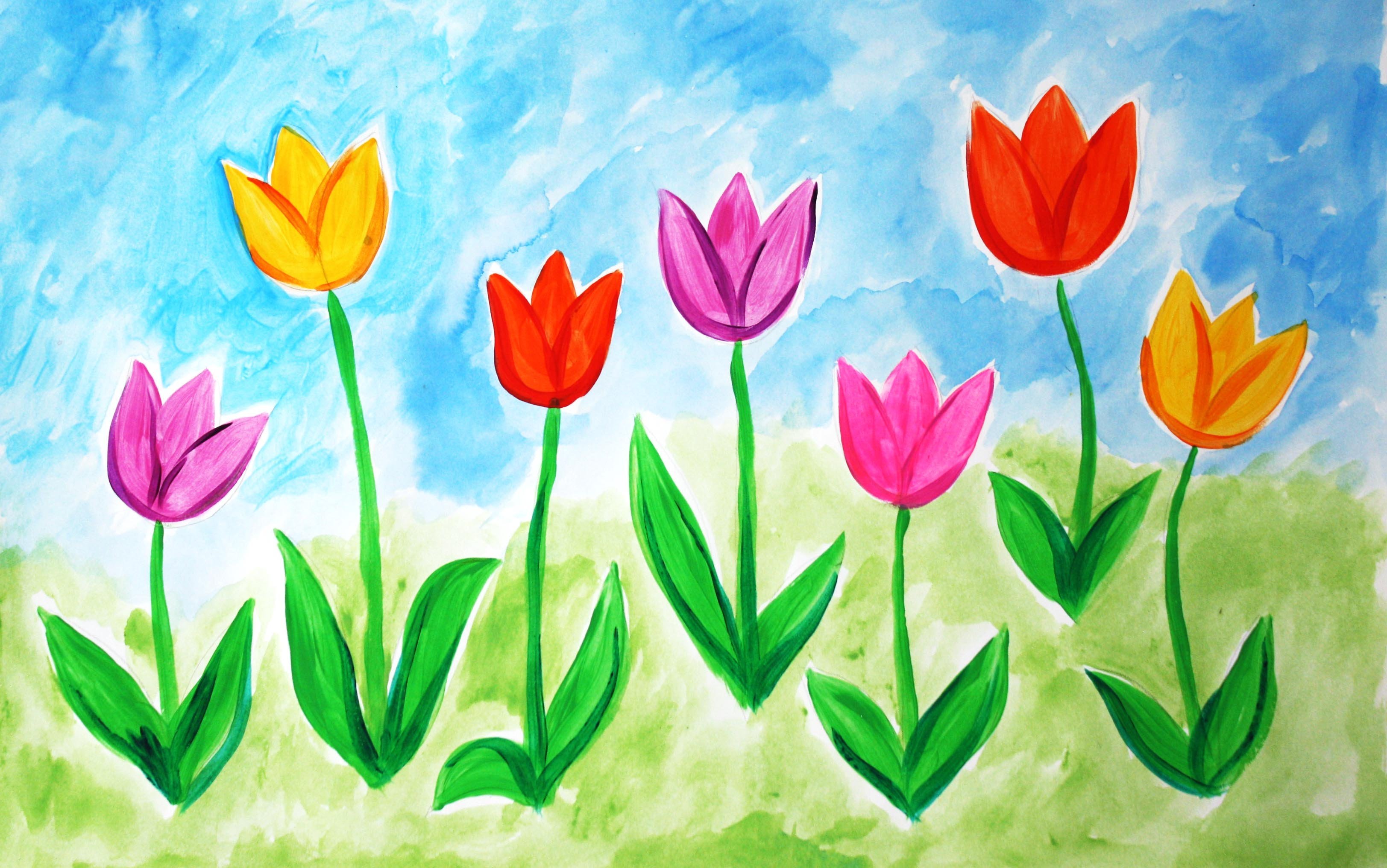 Весенние цветы 2 класс. Цветы рисунок. Рисование с детьми весенние цветы. Тюльпаны красками для детей. Тюльпаны рисунок.