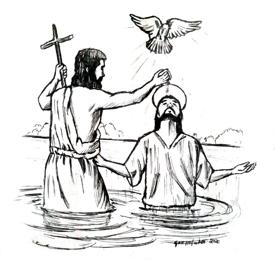 Раскраска Иоанн Креститель крестит Иисус