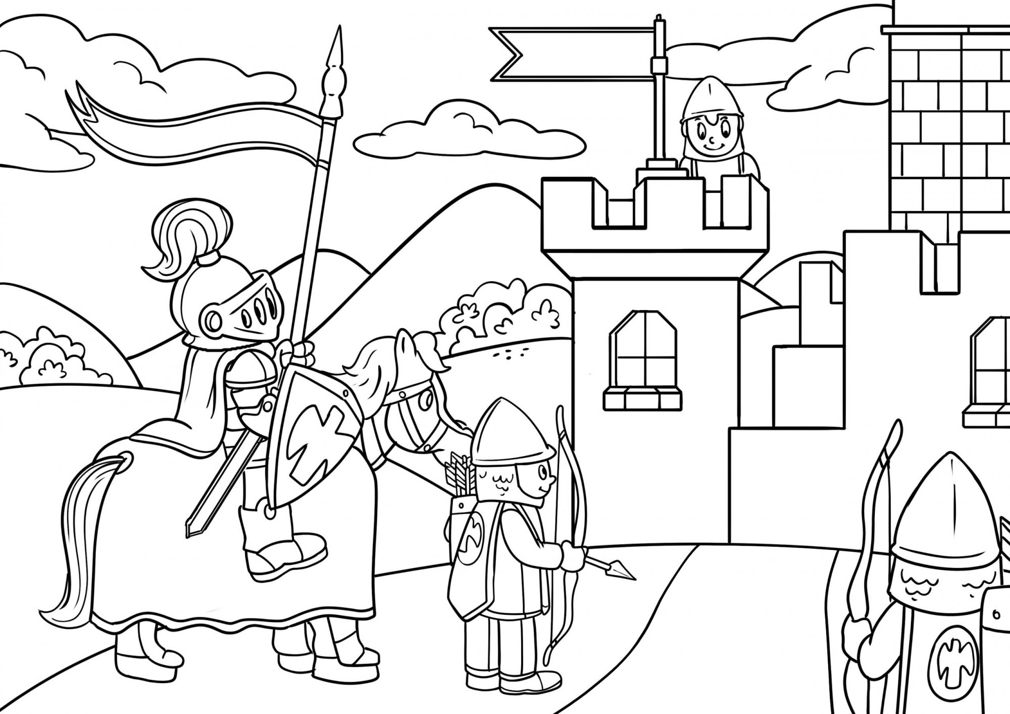 Раскраска замок с рыцарями