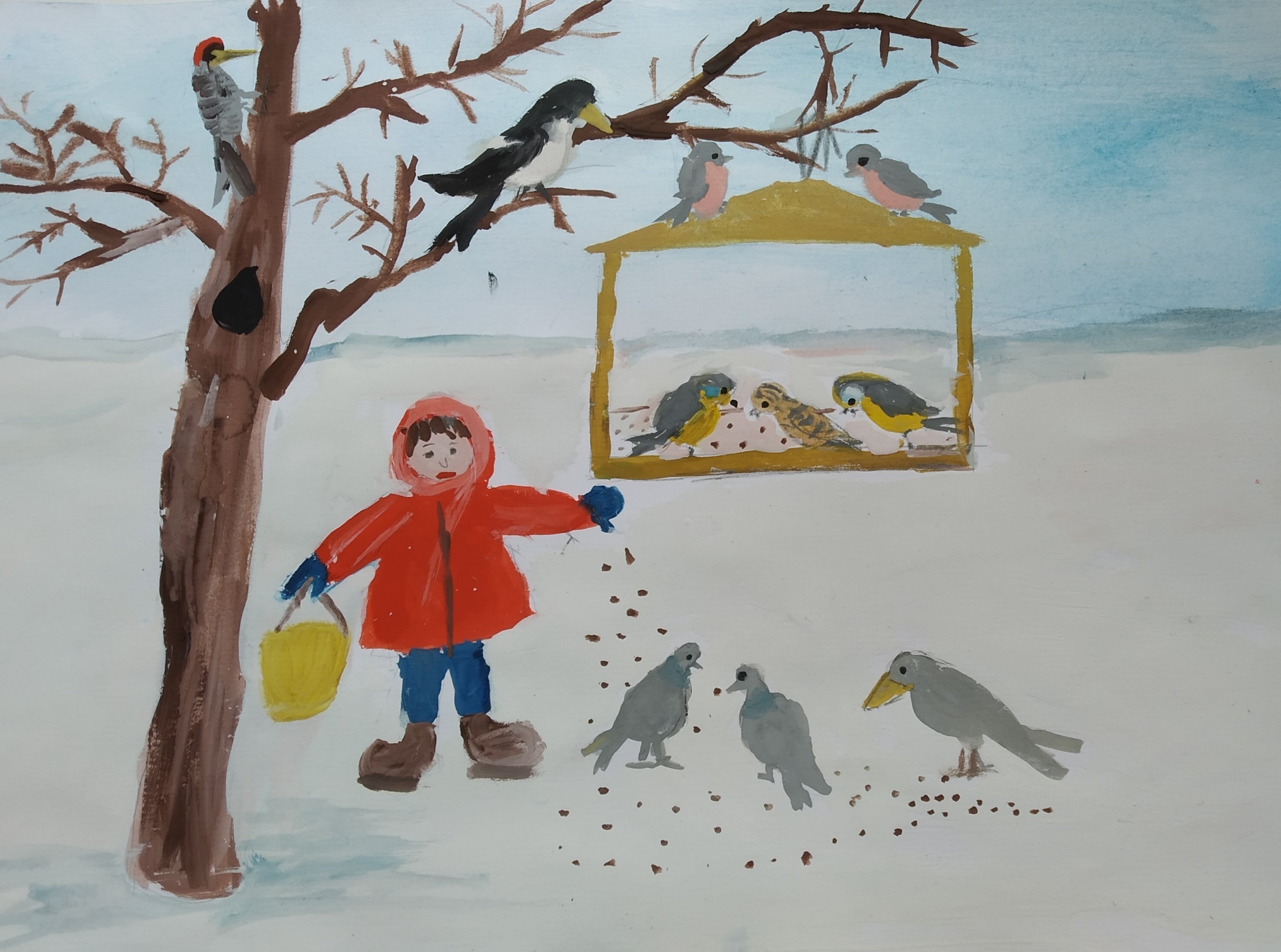 Рисование птицы зимой