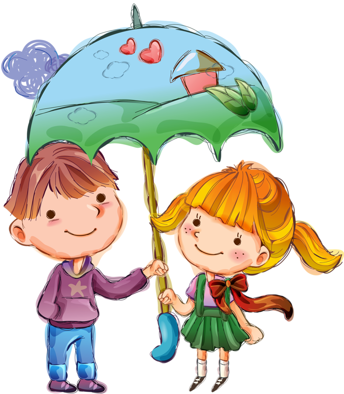 Мальчик и девочка под зонтиком. Рисунки для детей. Нарисованные дети. Дружба картинки для детей.