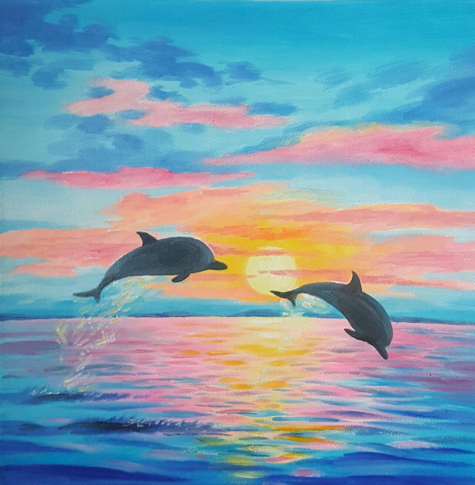 Морской пейзаж с дельфинами