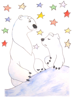 Рисование белый медведь и Северное сияние