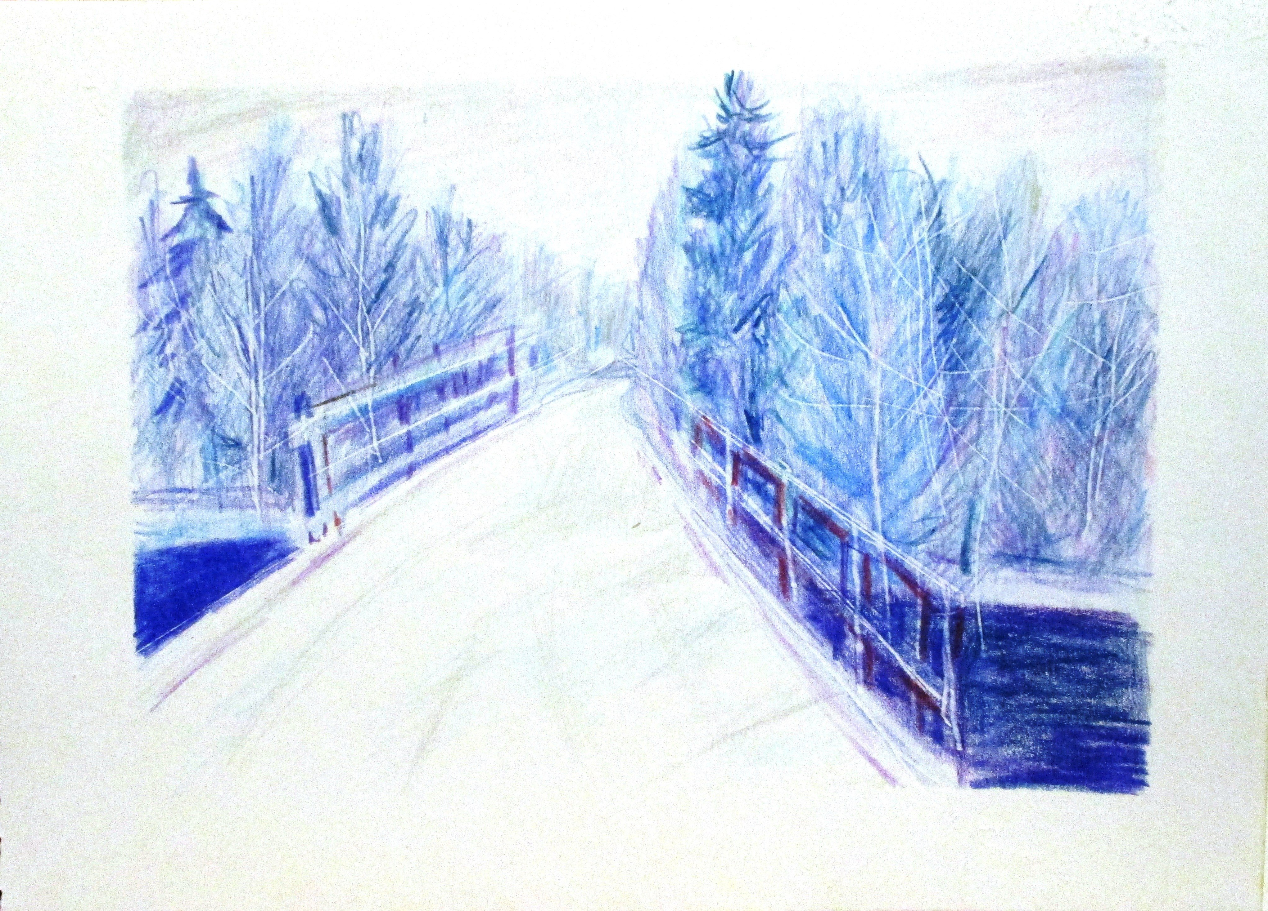 Зимние рисунки цветными карандашами