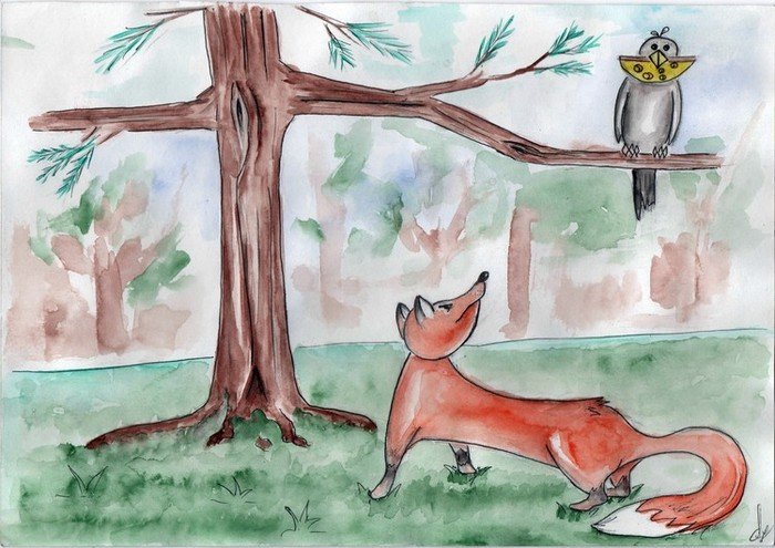 Ворона и лисица рисунок - Раскраска Ворона и лисица.