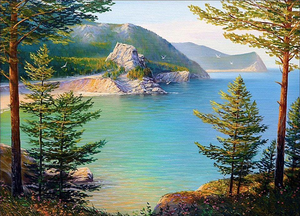 Рисунок показывающий красоту реки озера или моря. Озеро Байкал живопись. Байкал картины художников.