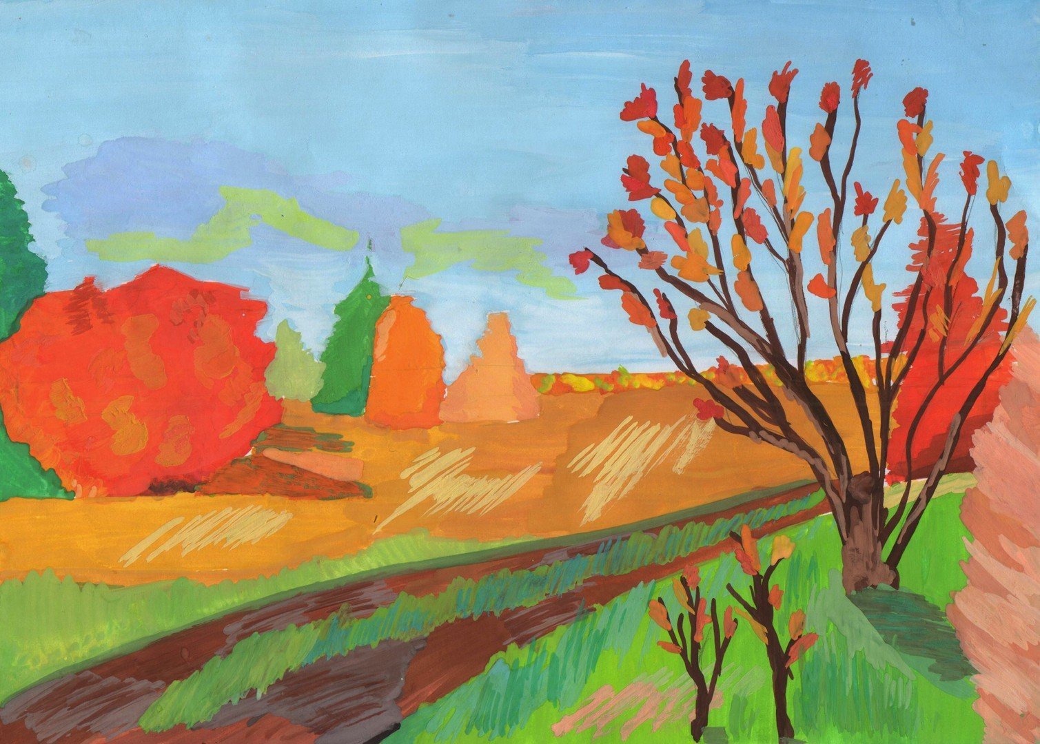 Осенний пейзаж детский рисунок