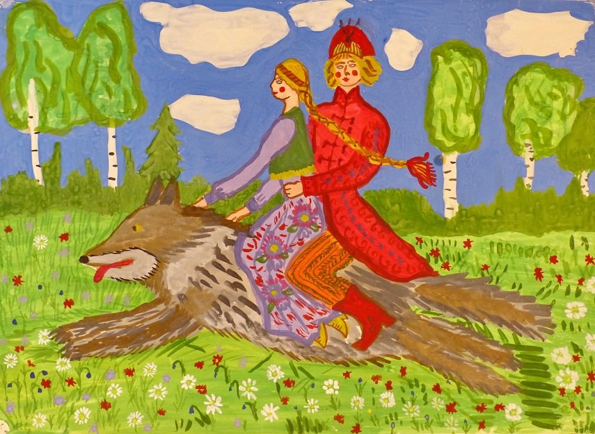 Нарисовать серого волка и ивана царевича и